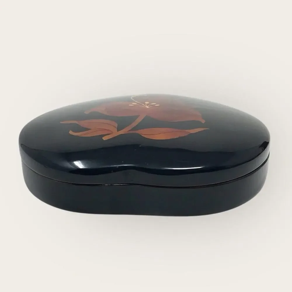 Vintage Floral Lacquer Black and Orange Art Jewelry Trinket Box